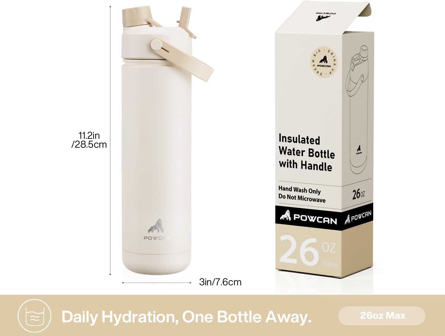 POWCAN 26 oz Insulated Water Bottle - 2-in-1 Straw & Spout Lid, Leak-Proof, Fits Car Cup Holder | Mousse Color