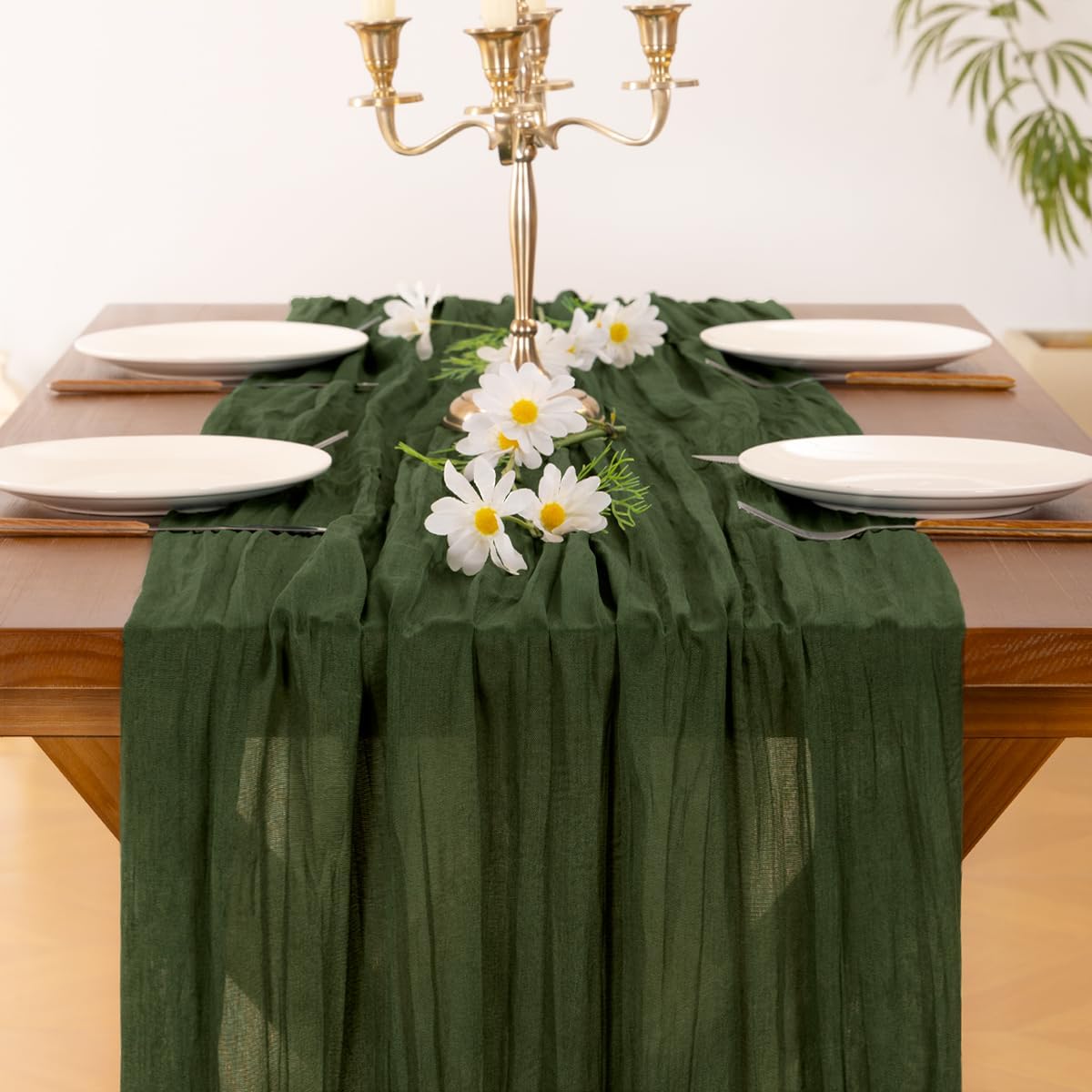 Socomi Olive Green Cheesecloth Table Runner - Boho Rustic 120-Inch Decor for Weddings & Events