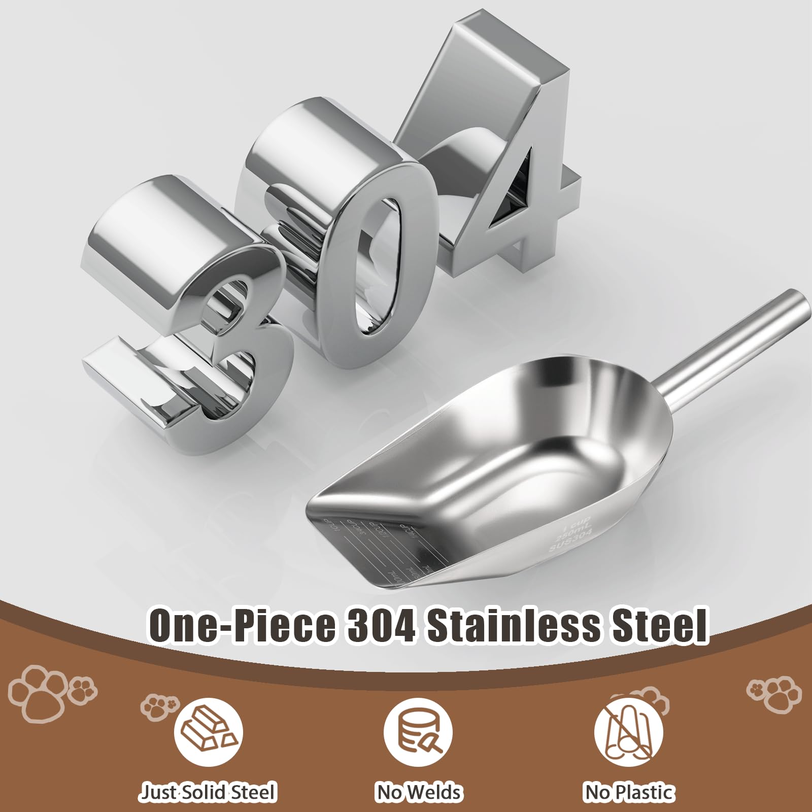 Mutclord Pet cat-dog food-scoop measuring cup - Food-grade 304 stainless steel material | 3/4 Cup capacity | Precision scale measurements