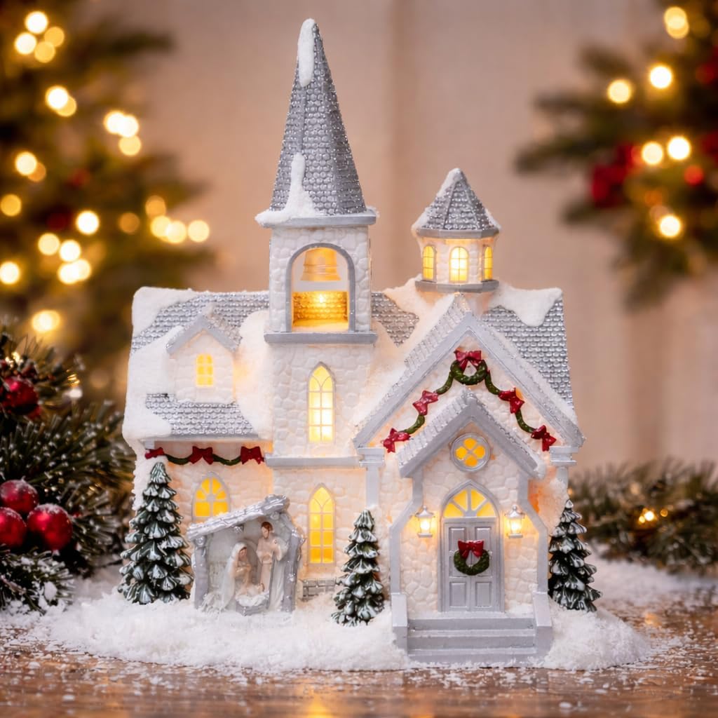 Moments In Time Lighted Musical Church - 11.7” Hand-Painted Christmas Village House | LED Décor Gift