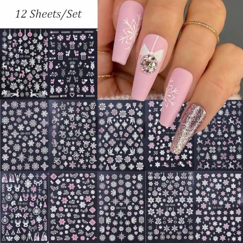 SWEET TREND 12pcs Christmas Nail Stickers - Matte Self-Adhesive Snowflake & Reindeer Holiday Manicure Decals