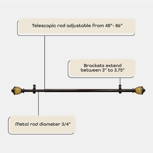Achim Home Decor Camino Lincroft Decorative Window Curtain Rods - Telescopic, 48-86 Inches, Lightweight & Easy to Install
