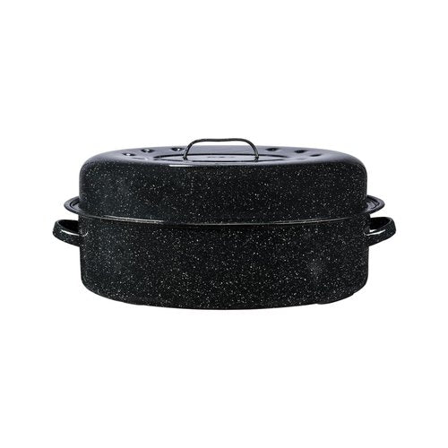 Granite Ware 19-Inch Covered Oval Roaster, 20 Lb Capacity - Enamel Steel Cookware, Dishwasher Safe & PFOA-Free, Even Heat Distribution for Roasting Poultry, Meat, or Vegetables (Speckled Black)