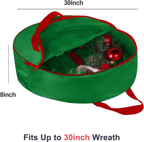 Christmas Wreath Storage Bag | 30" Heavy-Duty Container with Reinforced Handles & Double Zipper - Protect Decorations - Green
