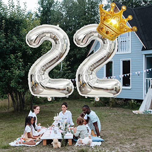 32 Inch Silver Number 22 Foil Balloon with Mini Crown - Birthday Party Decoration