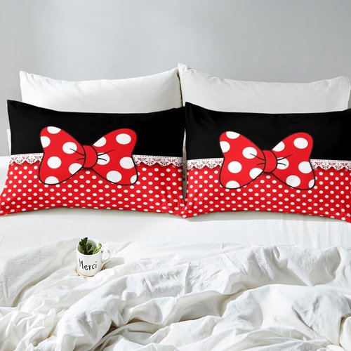 Homewish Bowknot Duvet Cover Set King Size,White Dots Bedding Set 3pcs for Kids Teens Girls Boys Room Decor, Romantic Princess Style Comforter Cover Red and Black Quilt Cover with 2 Pillowcases