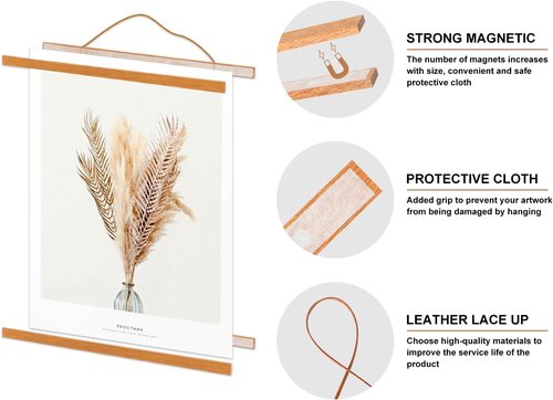 Benjia Magnetic Light Wood Poster Frame Set - 4 Pack for 10x14, 10x15, 10x13 Art Prints | Teak Color