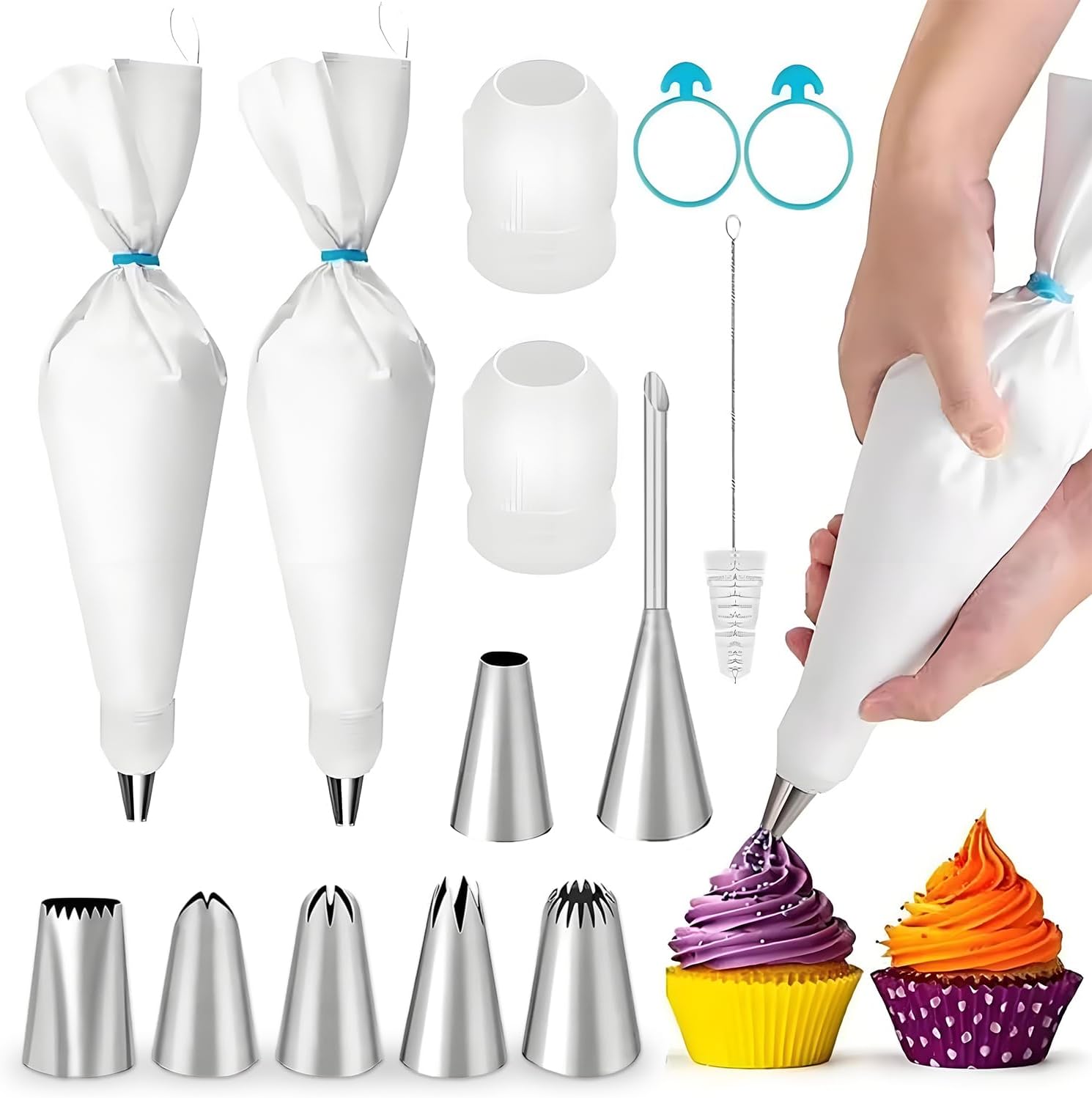 Skiennix 14PCS Reusable Piping Bags Set - 16-Inch Pastry Bags, 7 Tips, Couplers & Cleaning Brush for Cake Decorating