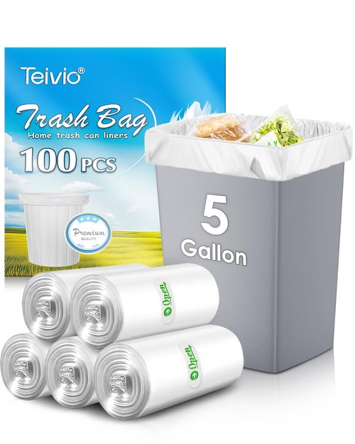 Teivio 5 Gallon 100 Counts Strong Trash Bags Garbage Bags, Bathroom Trash Can Bin Liners, Small Plastic Bags for Home Office Kitchen Kitchen, Clear