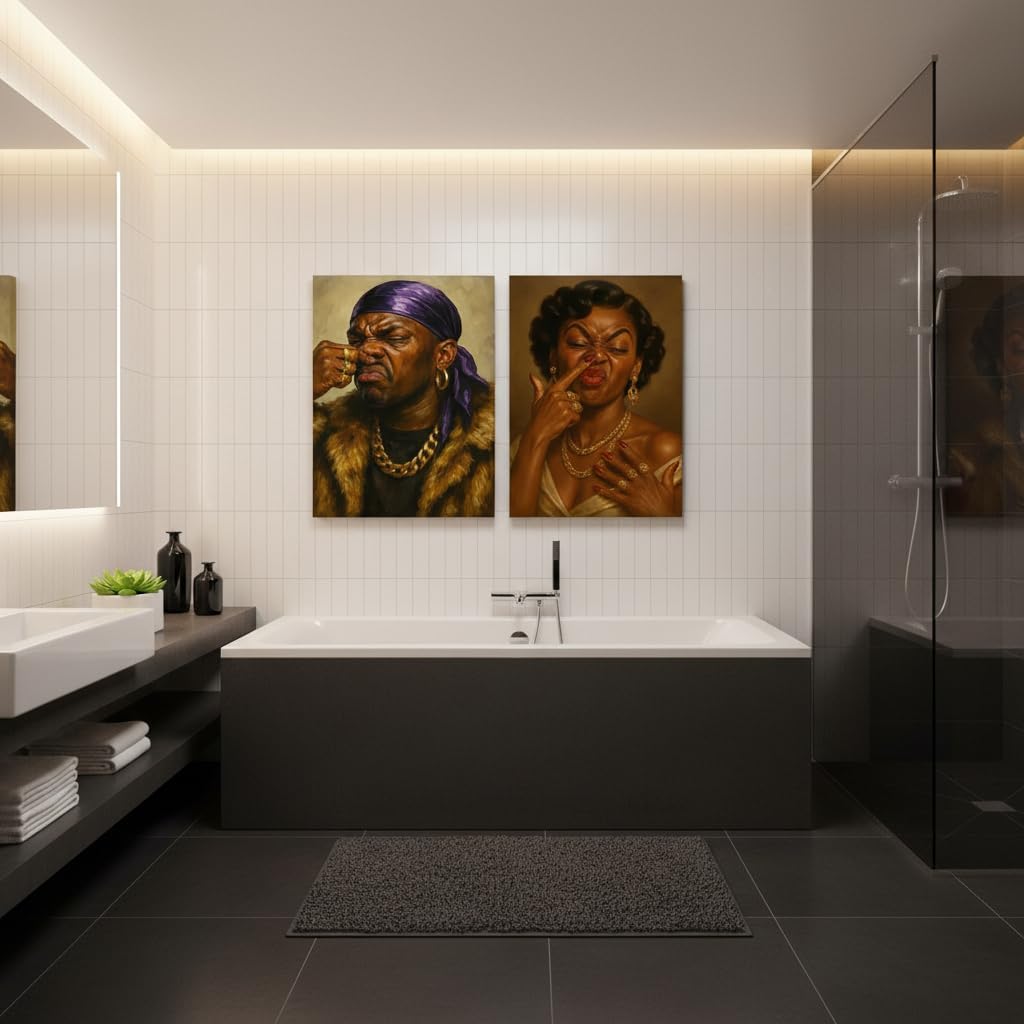TEOVGKN Funny African American Bathroom Wall Art - Humorous Black Couple Nose Pinching Posters | Framed 12x16 in