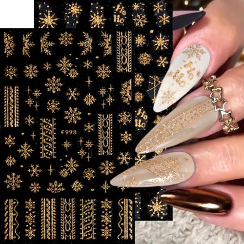Snowflake Nail Art Stickers, Winter Decals 3D Self-Adhesive Gold