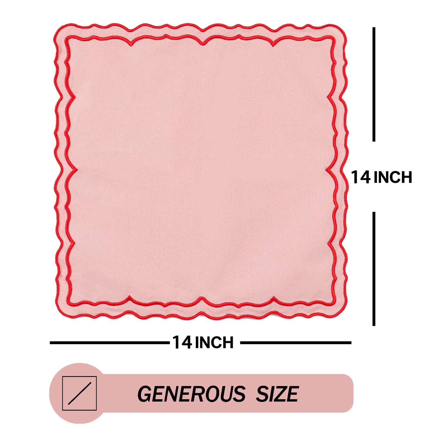 MIKI WELL Scalloped Embroidery Cloth Napkins Set of 4 14"X14" Cotton Napkins for Potluck Party Wedding Table Decor (Square Pink with Red)