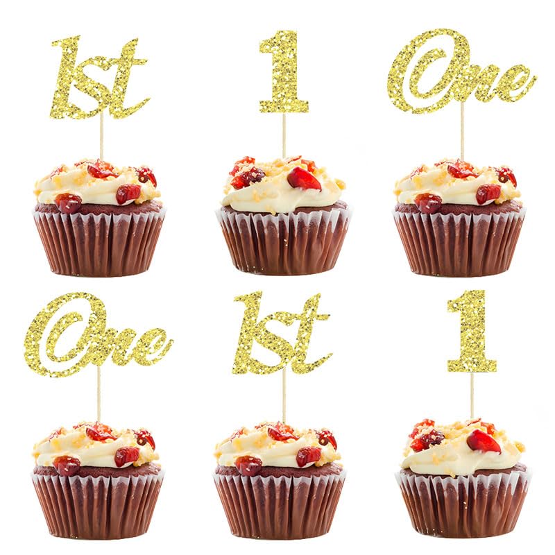 Gold Glitter One Cupcake Toppers 30 Pcs for 1st Birthday Party