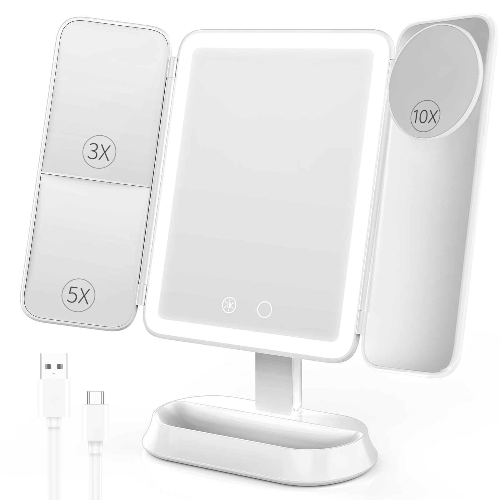 FRANO Makeup Mirror with Lights, Rechargeable Mirror with 3X/5X/10X Magnification, Portable Vanity Mirror with for Travel/Desk, Valentines Day Gifts for Her