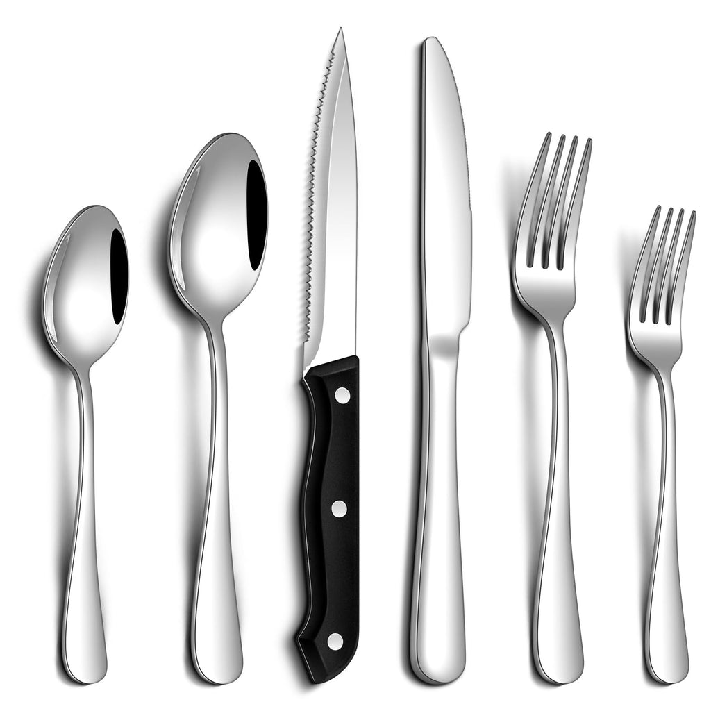 PHILIPALA 24 Pcs Silverware Set with Steak Knives Food-Grade Stainless Steel Flatware Set for 4 Mirror Cutlery Include Forks Spoons and Knives Set Dishwasher Safe Utensil Sets for Home Restaurant