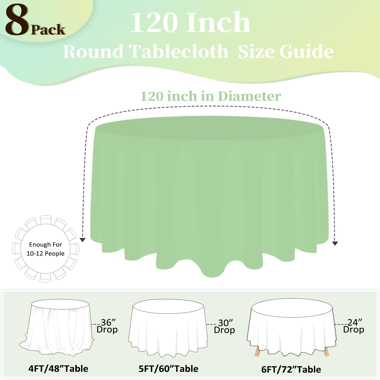 pepmily 8 Pack Light Green Round Tablecloth 120 Inch Round Table Cloth, Wrinkle Resistant and Washable Tablecloth Polyester Fabric Table Cloth Round Cover for Dining Wedding Banquet Party