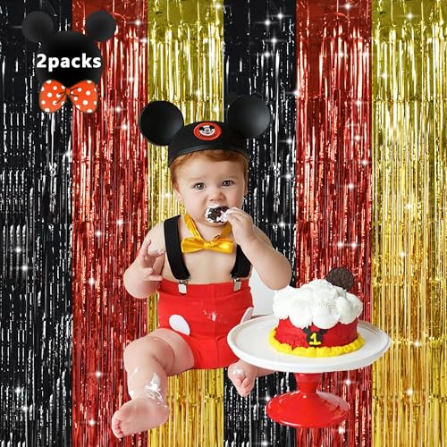 TONIFUL Metallic Foil Fringe Curtains - 2 Pack Black Red Gold Party Backdrop