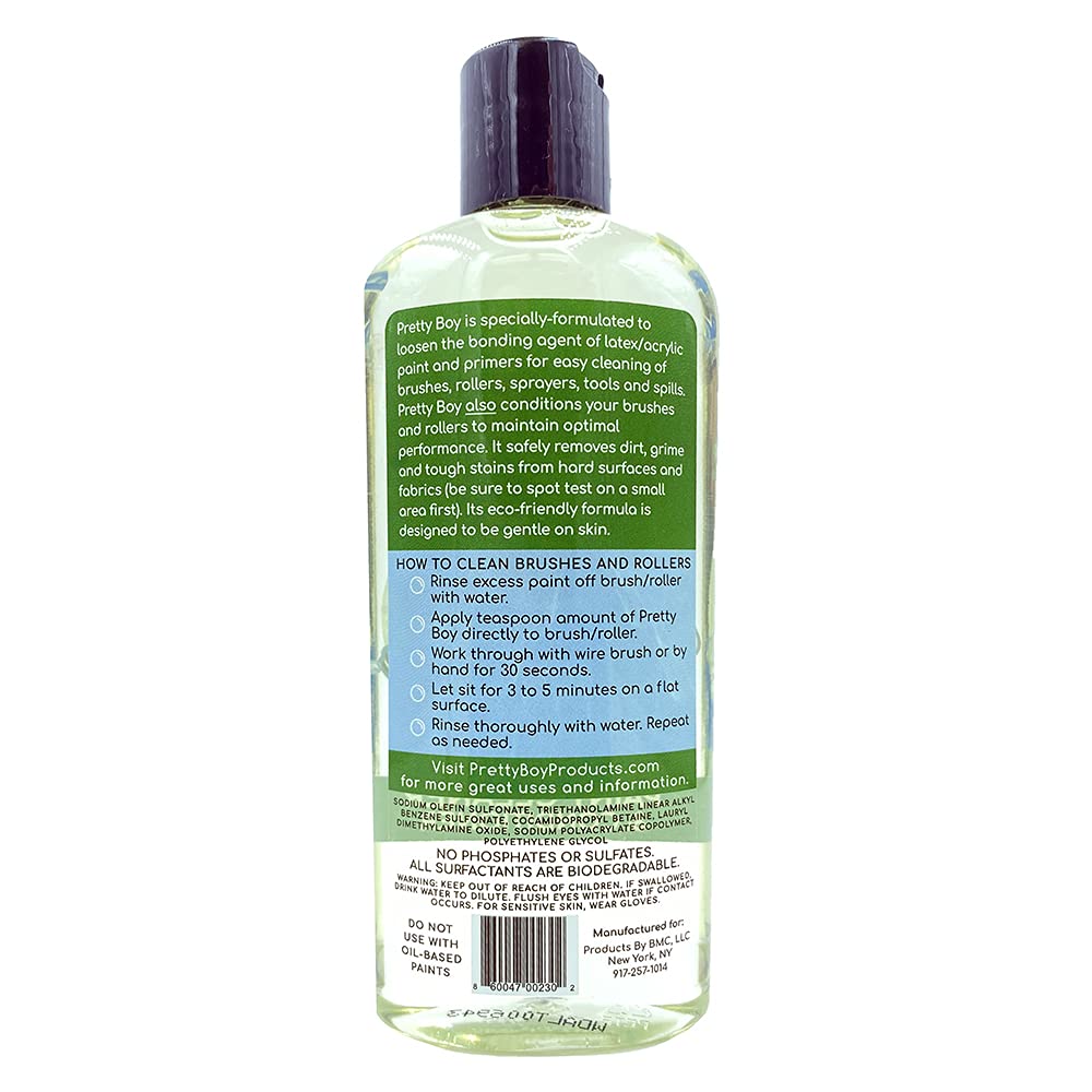 Pretty Boy Paint Cleaner & Conditioner – Eco-Friendly Solution for Cleaning & Conditioning Paint Brushes, Rollers, and Tools – Removes Water-Based Paints, Stains, Primers, and More (8.8 oz Bottle)