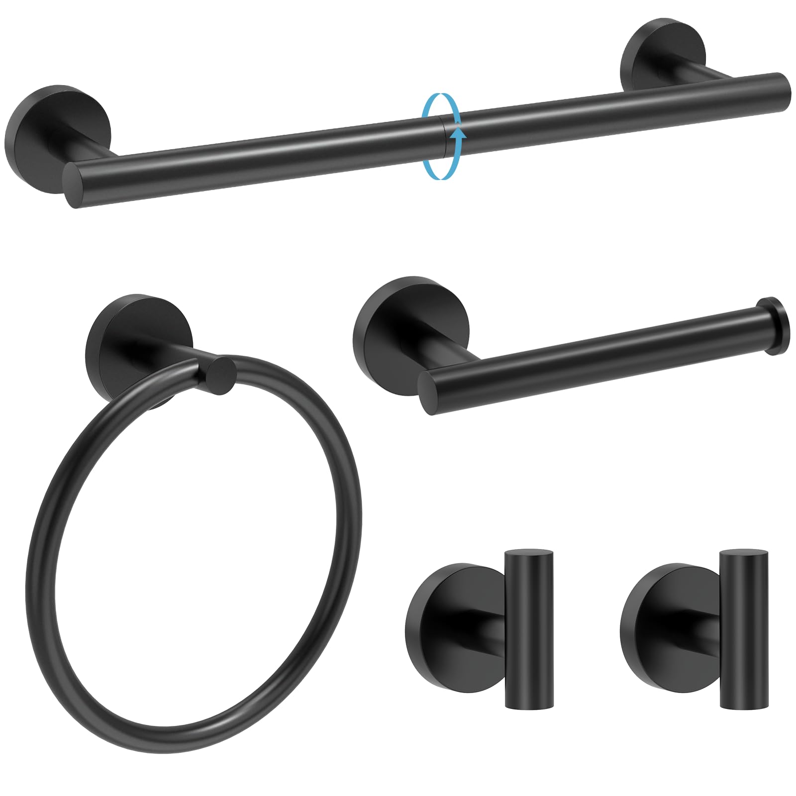 Matte Black Bathroom Accessories, Bathroom Hardware Set, SUS304 Stainless Steel Bathroom Towel Bar Set with 24 Inch Towel Holder, 2 Towel Hooks, Toilet Paper Holder, Towel Ring