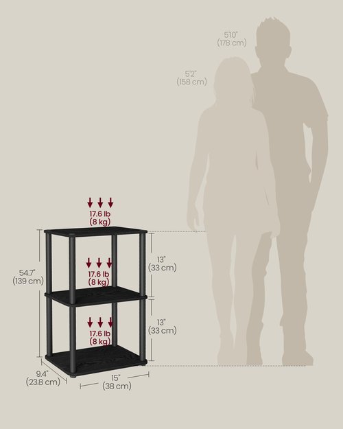 VASAGLE Superfast Toolless Assembly, 3-Tier Shelf for Living Room, Standing Shelf, Bookshelf, Bedroom, Kitchen, 9.4 x 15 x 27.8 Inches, Ebony Black and Ink Black ULLS153B01