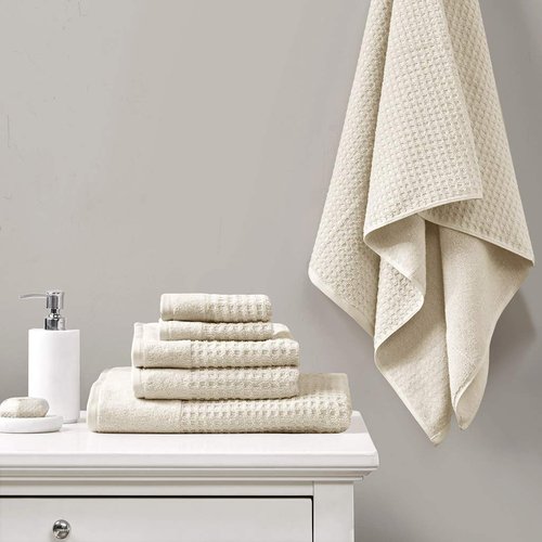 Madison Park Spa Waffle 100% Cotton Luxurious Towel Set, Premium Texture Waffle Weave, Highly Absorbent, Quick Dry, Hotel & Spa Quality Wash Clothes for Bathroom, Assorted Sizes, Natural 6 Piece