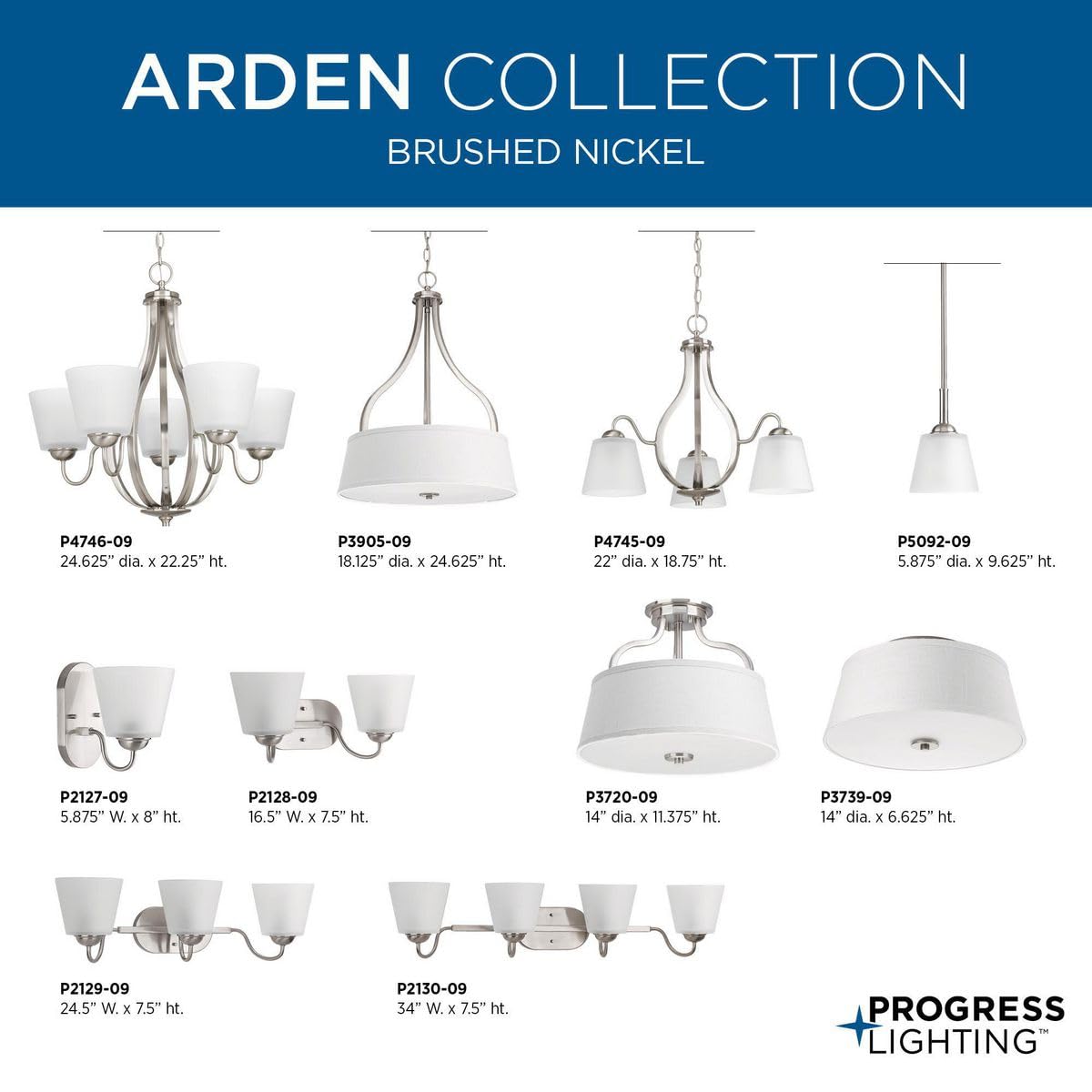 Progress Lighting 2-Light 14" Semi-Flush Convertible, Arden Collection, Indoor, P3720-09, Brushed Nickel