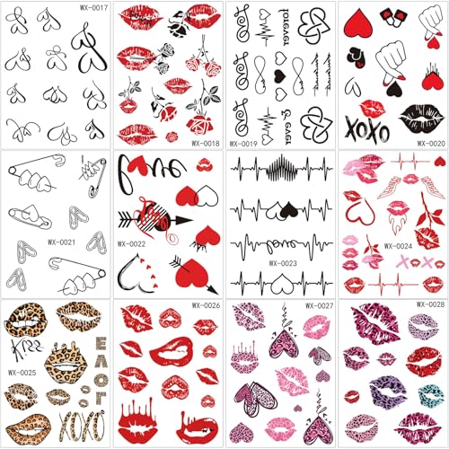 HIFANMM 12 Sheets Valentine's Day Temporary Tattoos Heart and Lip Designs