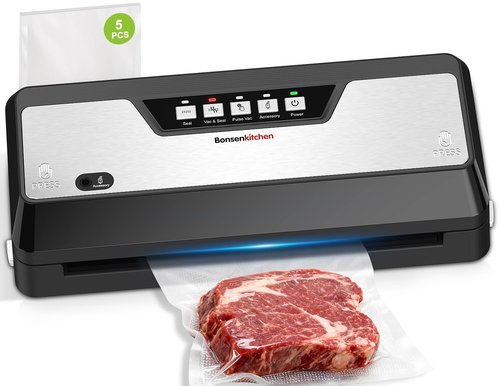 Bonsenkitchen Vacuum Sealer Machine, Built-in Cutter | Bag Storage, Multifunctional Food Sealer for Sous Vide & Meal Prep, 1 Roll Bag & 5 Pre-Cut Bags, Black-Stainless Steel