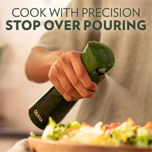 FLAIROSOL OLIVIA Oil Sprayer - 200ml Glass Olive Oil Dispenser with Portion Control | Perfect for Cooking, BBQ & Salads (Green Bottle, Gold Print)