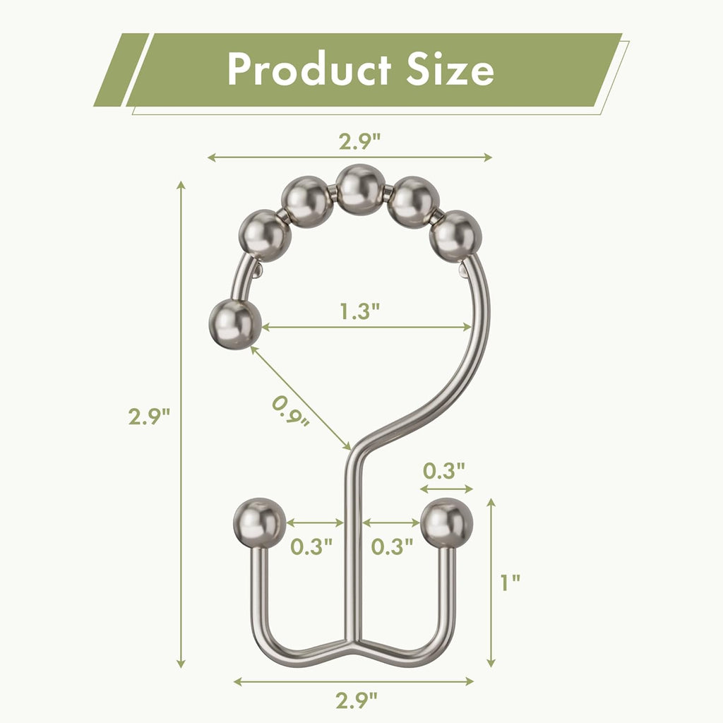 Amazer Shower Curtain Hooks - 12PCS Rust-Resistant Metal Double Rings for Easy Curtain Rolling | Nickel Finish