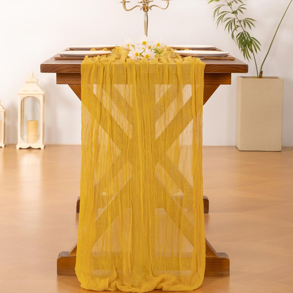 Socomi Gold Yellow Cheesecloth Table Runner - 120 Inch Boho Rustic Decor for Weddings & Events