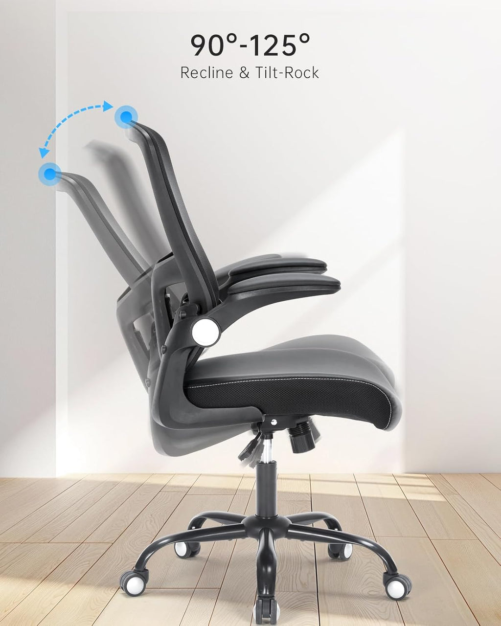 Skiennix Ergonomic Office Chair - Mesh Back, Adjustable Height, Flip-Up Arms, Black Leather Seat