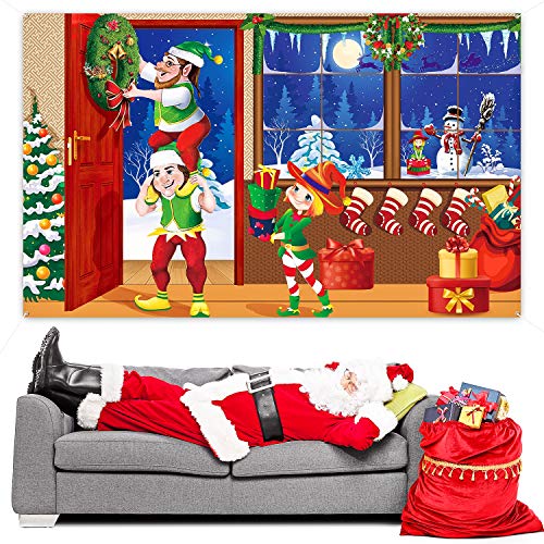 Christmas Photo Backdrop Banner for Photography Scene Decor - Santa Elves Snow Winter Scene