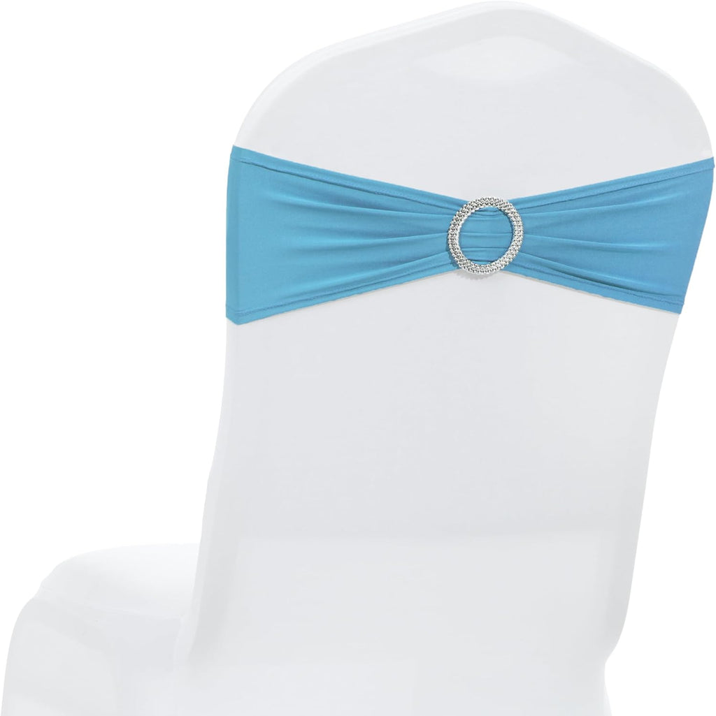 MDS Premium Spandex Chair Sashes - Stretchy Bow Covers with Buckle Slider | Universal Fit for Weddings & Events - Blue (Pack of 10)