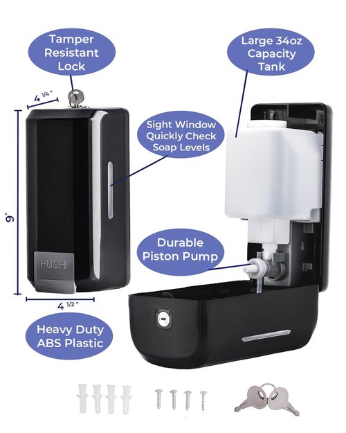 Wall Mounted Soap Dispenser with Large 34 oz. Capacity (2-Pack) - Black Commercial Hand Soap Dispensers or Hand Sanitizer Wall Mount Units That Hold 25 pct More Than Other Brands - ADA Compliant