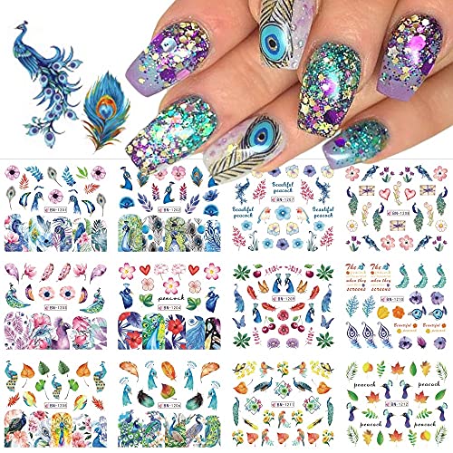 CHANGAR Peacock Feather Nail Stickers - 12 Sheets Water Transfer Decals