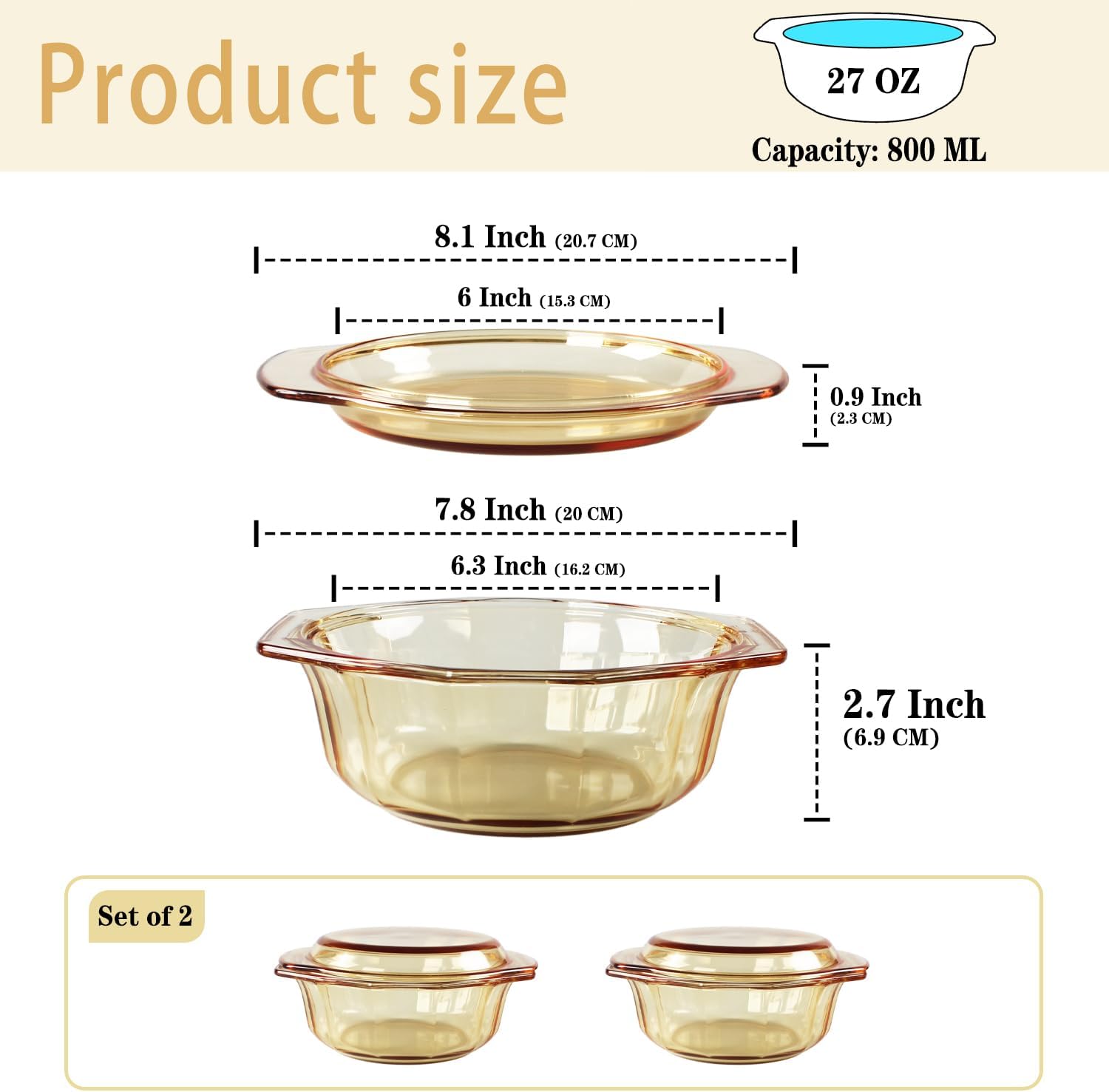 Skiennix Glass Casserole Dish - 27oz Round Baking Pan with Lid & Handles | Oven Safe Cookware
