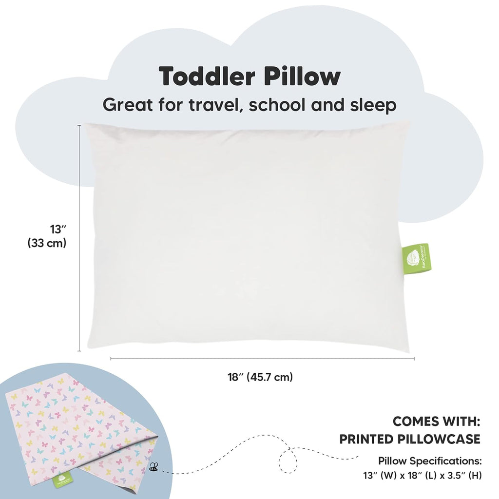 My Little Dreamy Toddler Pillow - Organic Cotton Travel Bed Pillow with Soft Pillowcase | 13x18, Machine Washable, Ideal for Ages 2-5 (Flutter)