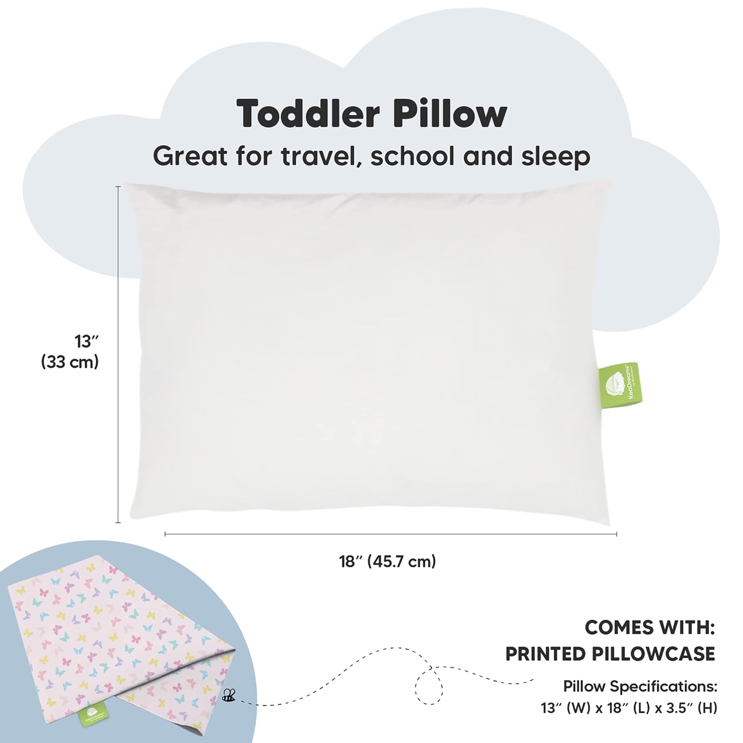 My Little Dreamy Toddler Pillow - Organic Cotton Travel Bed Pillow with Soft Pillowcase | 13x18, Machine Washable, Ideal for Ages 2-5 (Flutter)
