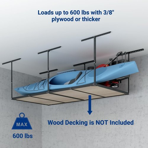 FLEXIMOUNTS 4x8 Overhead Garage Storage Rack - Heavy-Duty Metal Ceiling Organizer | 600lbs Capacity, Black
