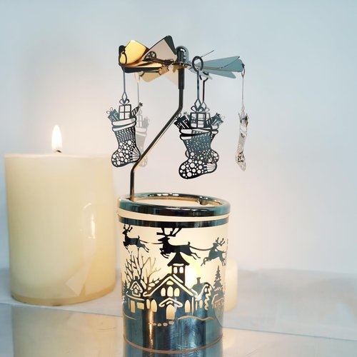 Kingnero Carousel Candle Holder - Spinning Metal Tea Light Candlestick for Home Decor | Silver Christmas Socks