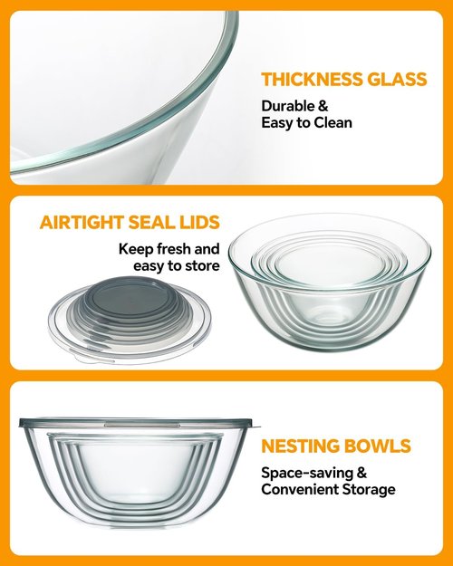 Glass Mixing Bowls Set by [Brand Name] - 5-Piece Thick Glass Nesting Bowls with Lids | Safe for Dishwasher, Microwave & Freezer