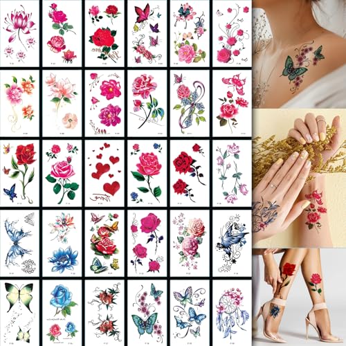 3D Flower Butterfly Temporary Tattoos - 60 Sheets Colorful Waterproof Fake Tattoo Stickers for Women and Girls