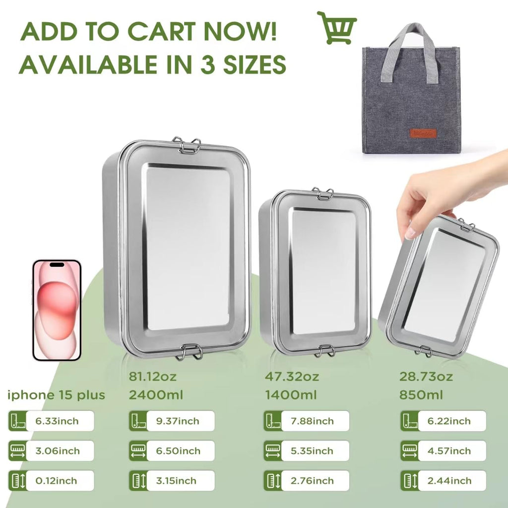 304 Stainless Steel Bento Box 3 Pack Stainless Steel Containers With Lids 81oz/47oz/29oz,Leak-Proof & Stackable Storage Stainless Steel Food Storage Containers for Soup Salad Leftover