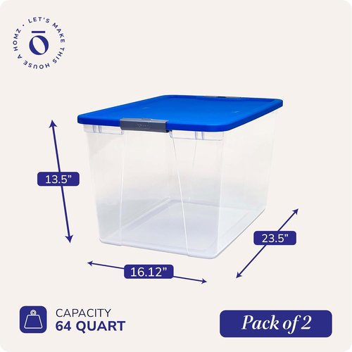 HOMZ 2-Pack Clear Plastic Storage Organizer Bins - 64 Quart Stackable Containers with Blue Lids for Home & Office