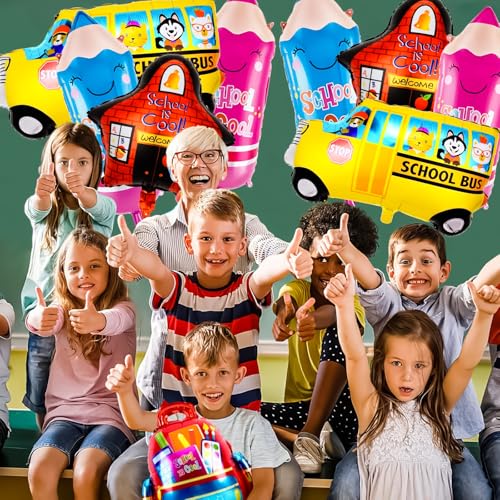 8 PCS Back to School Balloons Set - School Bus & Pencil Foil Decorations