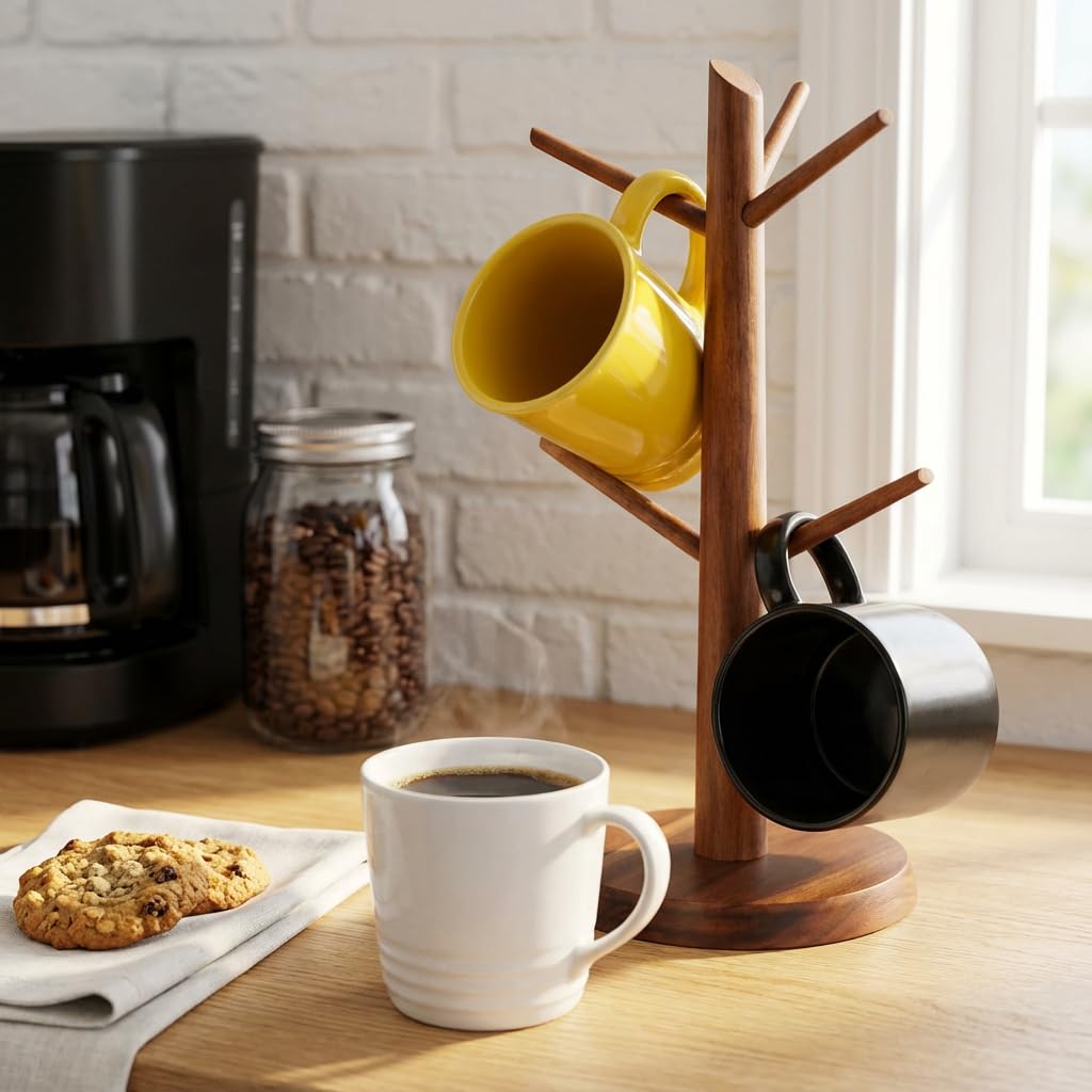 E-ROOM TREND Coffee Mug Holder Countertop Natural Acacia Wood Mug Tree, Wooden Mug Organizer with 6 Hooks for Kitchen Coffee Bar, Easy to Assemble, Ideal for Small to Medium Mugs