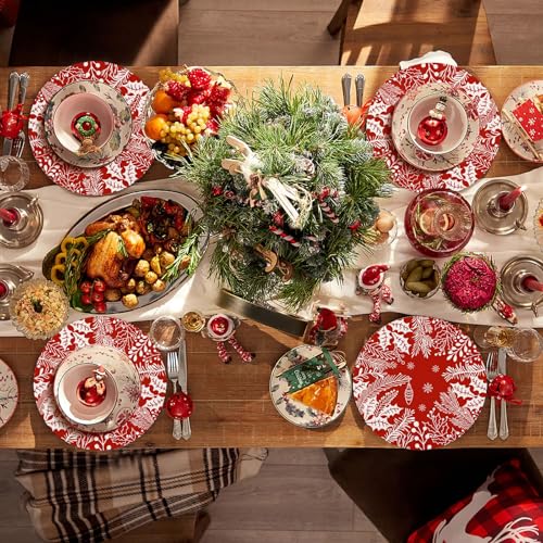 Christmas Red Placemats 50 Pack - Pine Leaves & Holly Holiday Tableware