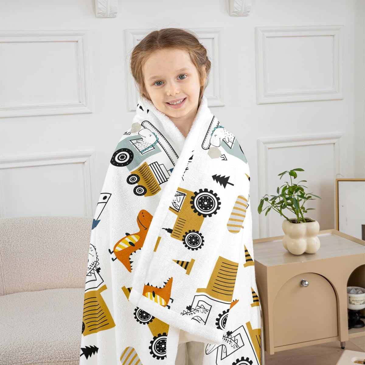 Construction Sherpa Blanket 40"x50" Equipment Trucks Fleece Throw for Kids Boys Girls Decor Dinosaur Plush 3D Digital Print Yellow Fuzzy Bedroom