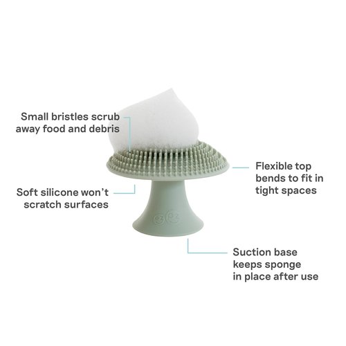 ezpz Mushroom Sponge (Sage) - Odor-Resistant Kitchen Sponge with Soft Bristles, Non-Slip Handle, Suction Base - Gently Cleans Pans, Dishes and Feeding Gear